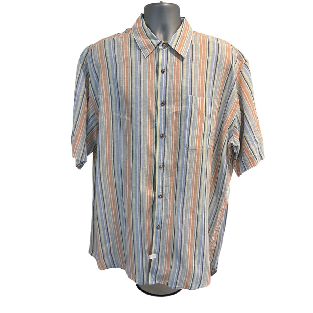 Jos. A. Bank XL 100% Linen Shirt Blue Orange Striped Short Sleeve Button Up
